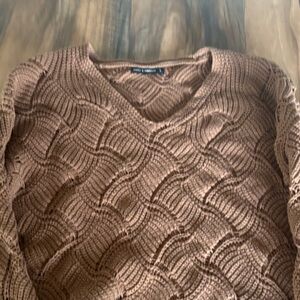 moon & madison Brown V-Neck Open Cable Knit Sweater